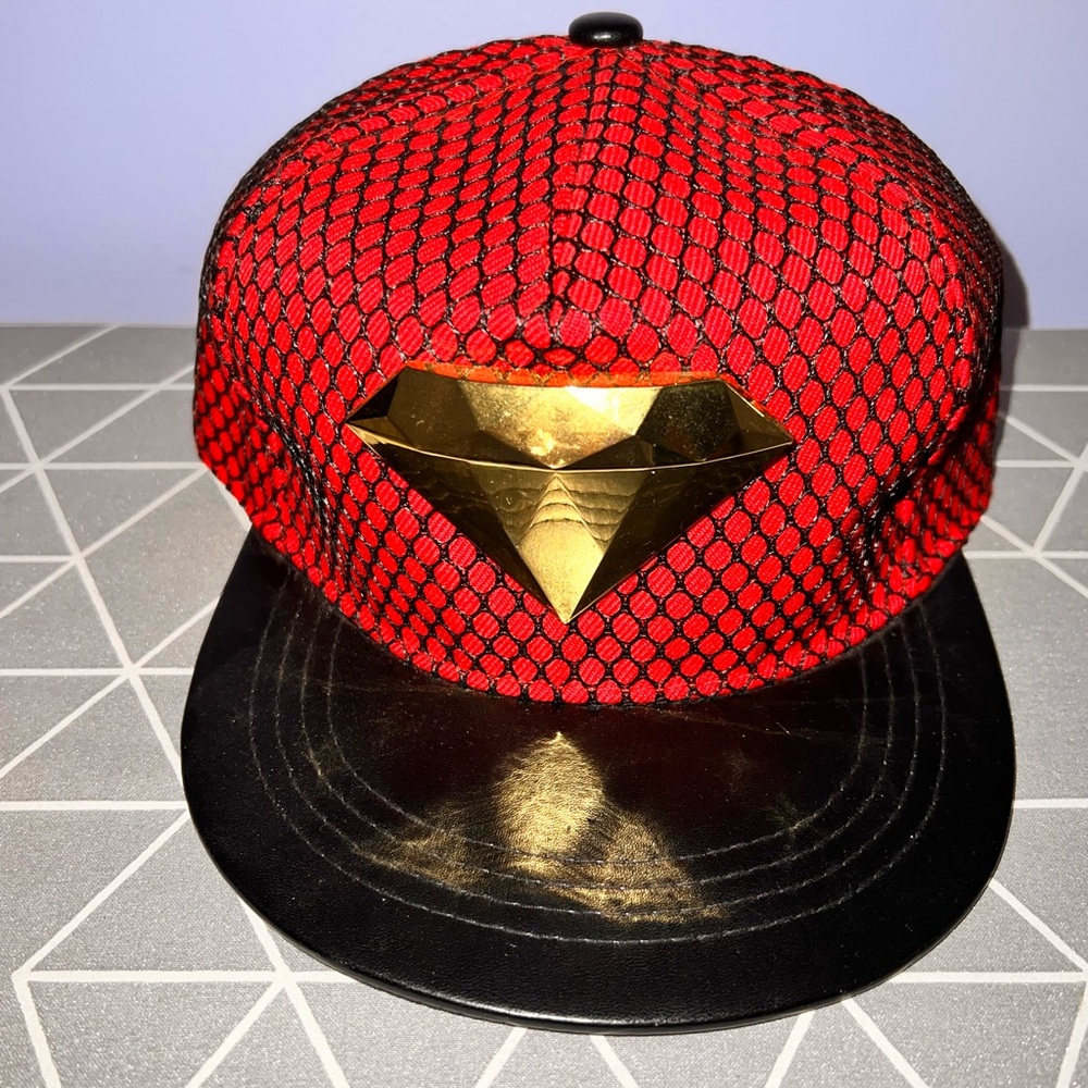 Red and Black Cap with Gold Diamond Design